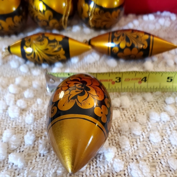 Vntg Russian "Khokhloma" Wooden, Hand Painted Christmas Ornaments, 8 Blk/Gold - Picture 10 of 16